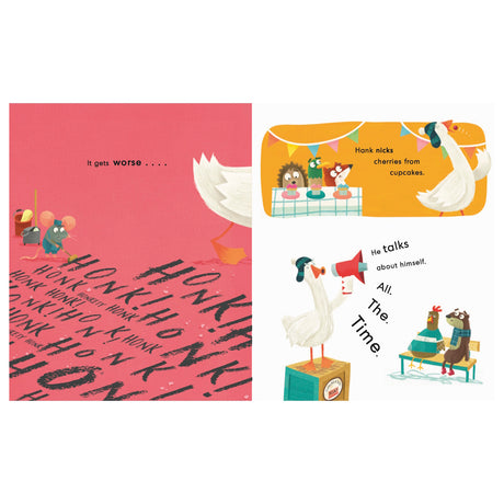 Illustration of a goose honking loudly with words 'HONK!' scattered across a red background. On the right, the goose steals cherries from cupcakes at a stand, as hedgehogs watch. Below, the goose stands on a box using a megaphone, while two animals look annoyed. Emotive and playful.