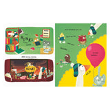 Animal characters in a library and a movie theater where a goose honks loudly and pecks at a bunny's balloon. Vibrant, playful chaos ensues.