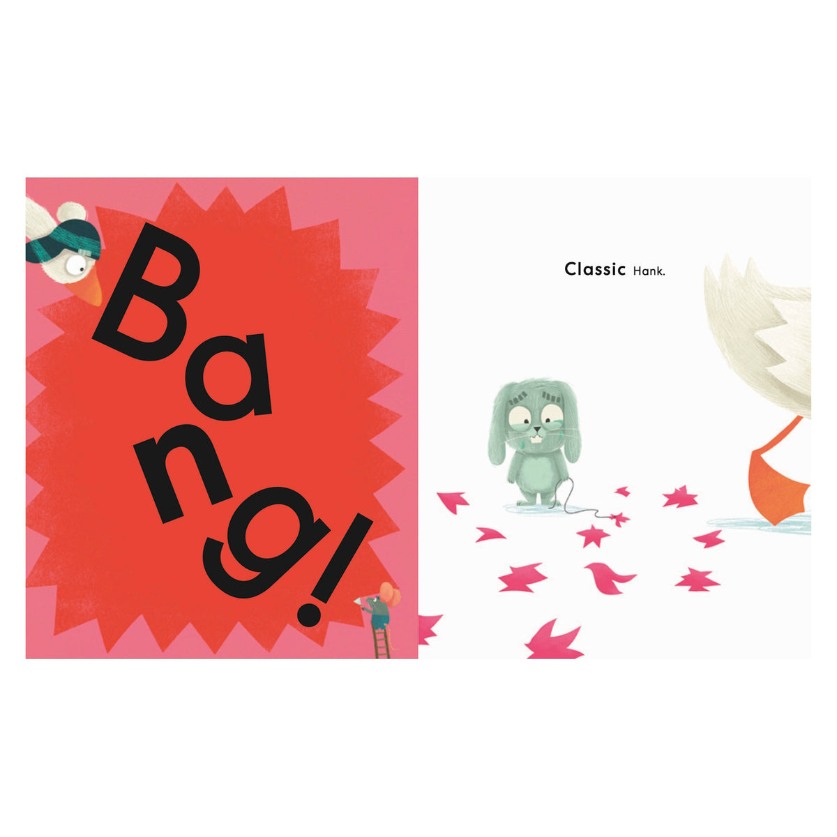 A cartoon duck exclaims "Bang!" against a red starburst. A green rabbit with drooping ears stands nearby, with the text "Classic Hank." Red leaves are scattered on a white background.