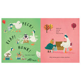 Alt text: A colorful children's book illustration shows geese on a green background causing chaos with "Flap! Peck! Honk!" sounds. On the pink side, a goose sitting politely next to a hen on a bench, demonstrating good behavior with the text "Hank can also be good when he tries." Bright colors and playful animals convey a fun, cheerful tone.