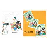 Illustrated animals pose for a photo while a mouse on a ladder takes pictures. Several humorous photo prints are scattered with "WHOOPS!" written.