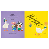 A goose stands with different animals on a purple background, text asks it not to be objectionable. On the yellow side, the goose honks loudly, exuding frustration.