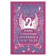 Hans Christian Andersen's Fairy Tales book cover with a white swan, blue filigree, and mermaid on a pink background.