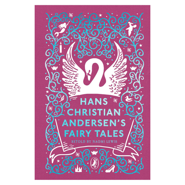 Hans Christian Andersen's Fairy Tales book cover with a white swan, blue filigree, and mermaid on a pink background.