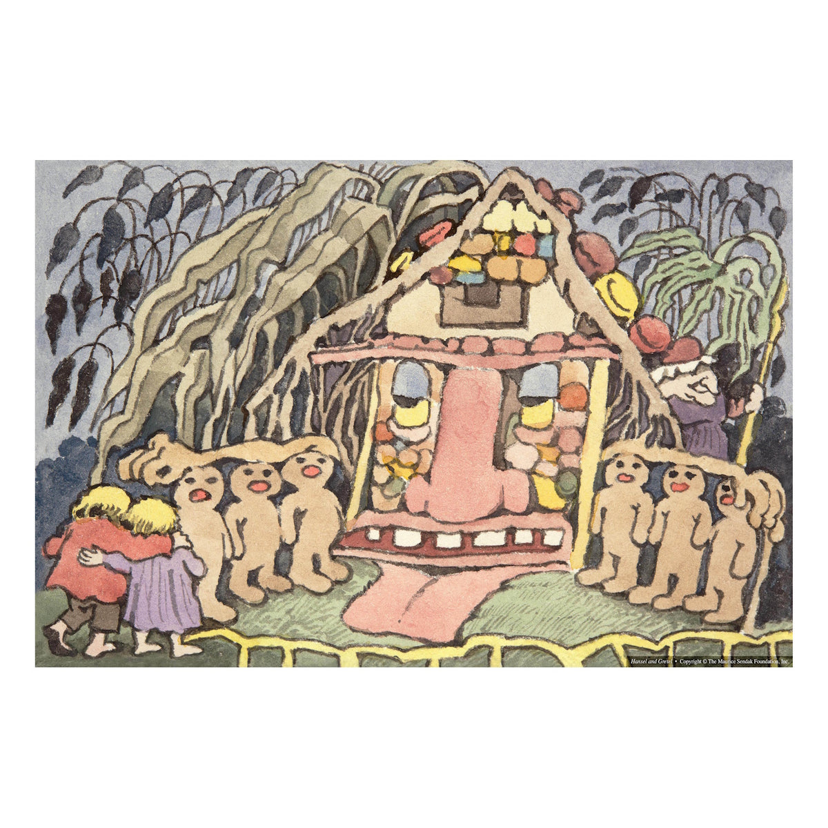 Whimsical illustration of a candy house with a face, surrounded by playful creatures and two children hugging, set in a vibrant, enchanted forest.