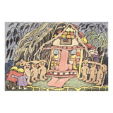 Whimsical illustration of a candy house with a face, surrounded by playful creatures and two children hugging, set in a vibrant, enchanted forest.