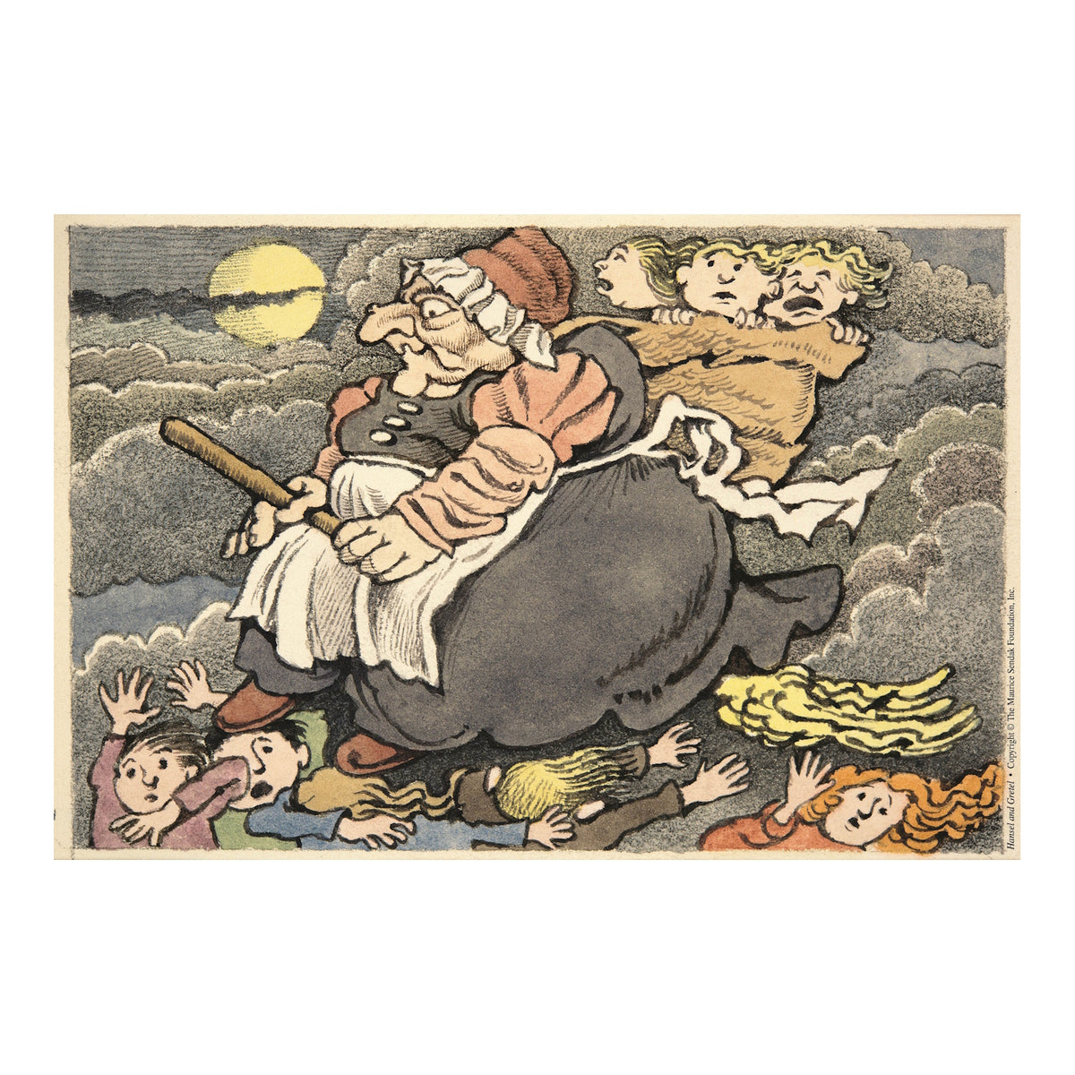 A whimsical illustration of an elderly woman flying on a broomstick under a full moon, carrying two children, with delighted children reaching up below.