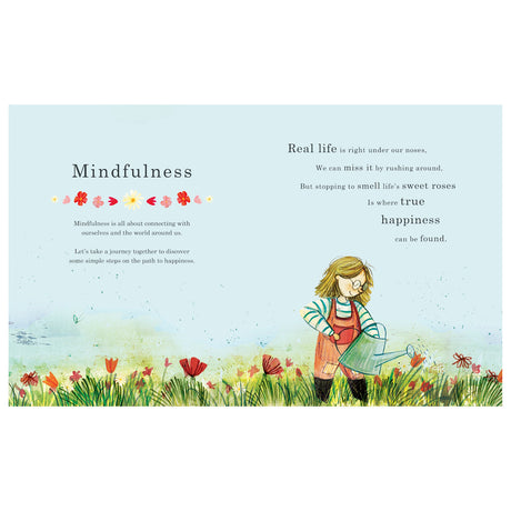 Illustration of a child watering flowers in a meadow. Text reads, "Mindfulness is about connecting," with a poem about finding happiness in small moments.