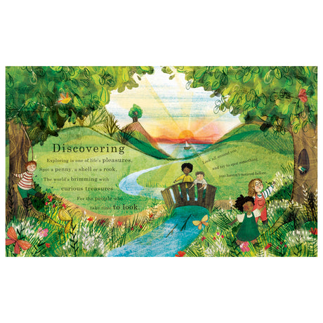 Illustration of children exploring a vibrant, sunlit landscape with a river and lush trees. Text about discovery surrounds them, creating a joyful, adventurous tone.
