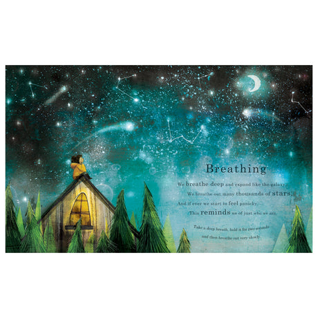 A person in a yellow coat sits on a house roof under a star-filled sky with constellations and a crescent moon. Text titled "Breathing" offers calming thoughts.