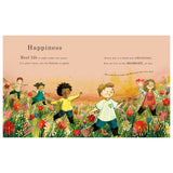 Children joyfully frolic in a vibrant flower field under a pastel sky. Text about happiness emphasizes living in the moment, adding a serene tone.