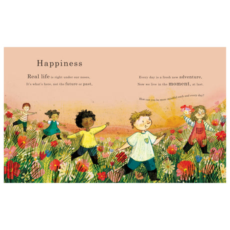 Children joyfully frolic in a vibrant flower field under a pastel sky. Text about happiness emphasizes living in the moment, adding a serene tone.