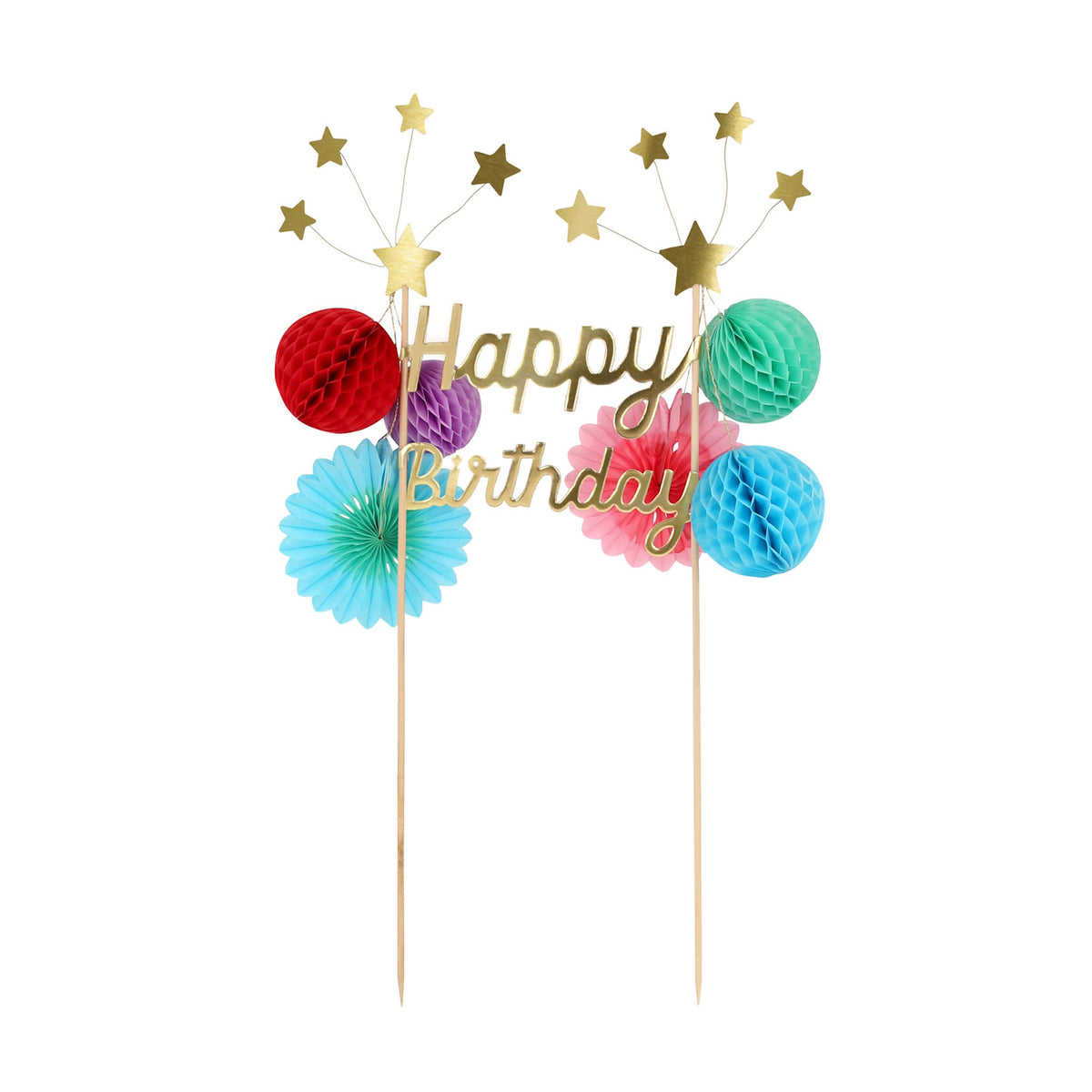 Gold "Happy Birthday" cake topper with colorful honeycomb balls, paper fans, and wire stars on wooden picks.