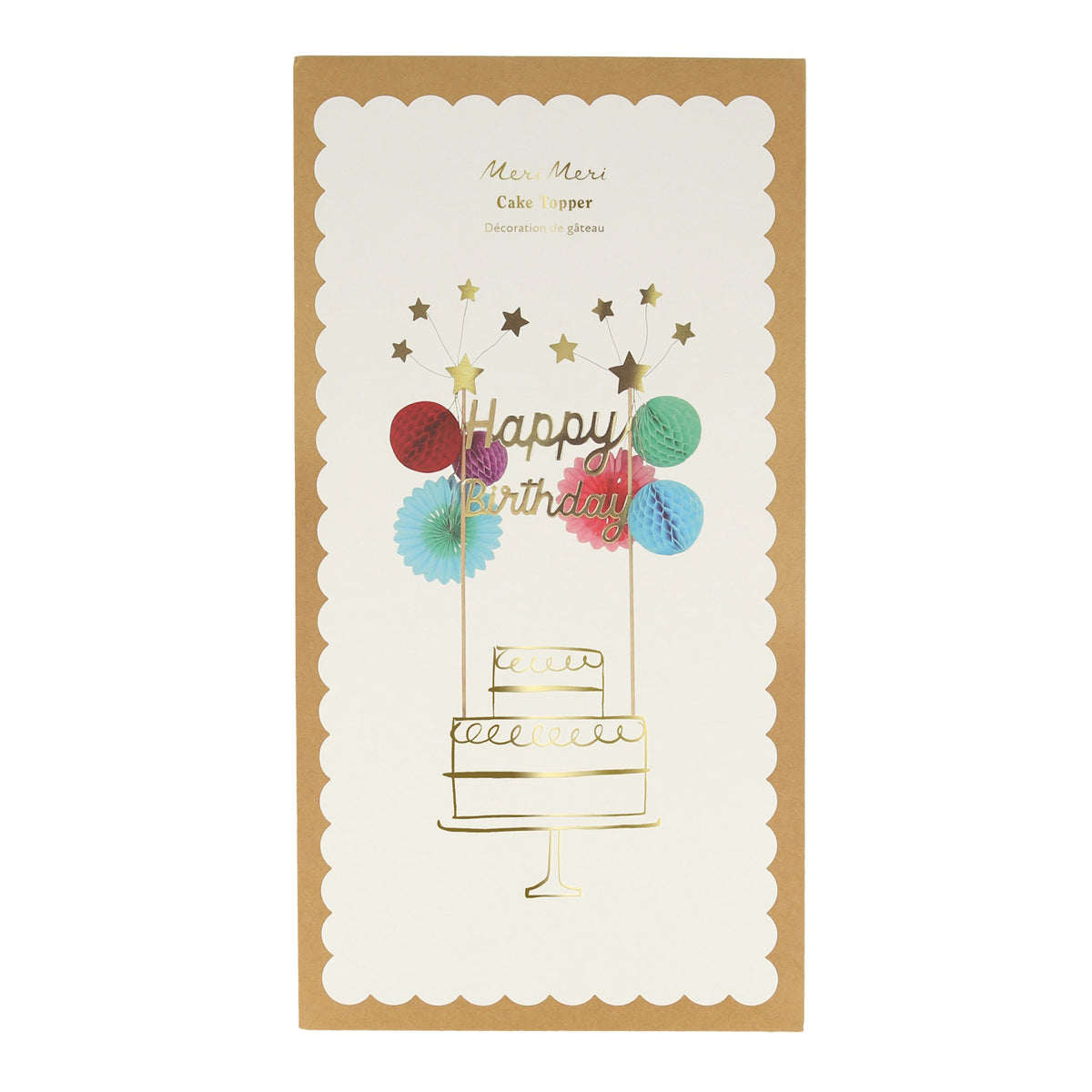Packaged Meri Meri "Happy Birthday" cake topper with colorful honeycomb embellishments on a scalloped card.