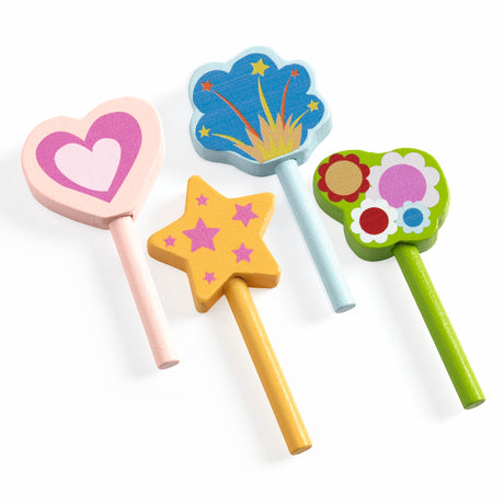 Four colorful wooden toy wands in heart, star, cloud, and flower shapes for imaginative play and dress-up.