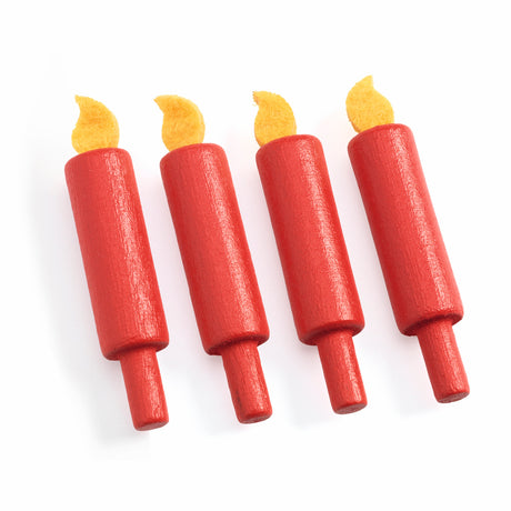 Four red wooden toy candles with yellow felt flames, isolated on a white background for play kitchen sets.