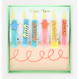 Meri Meri enamel hair clips in a gift box featuring birthday candle designs.