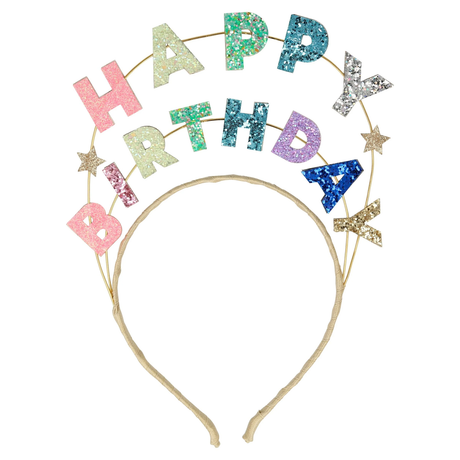 Meri Meri glitter headband featuring colorful letters that spell "Happy Birthday" and small star accents.