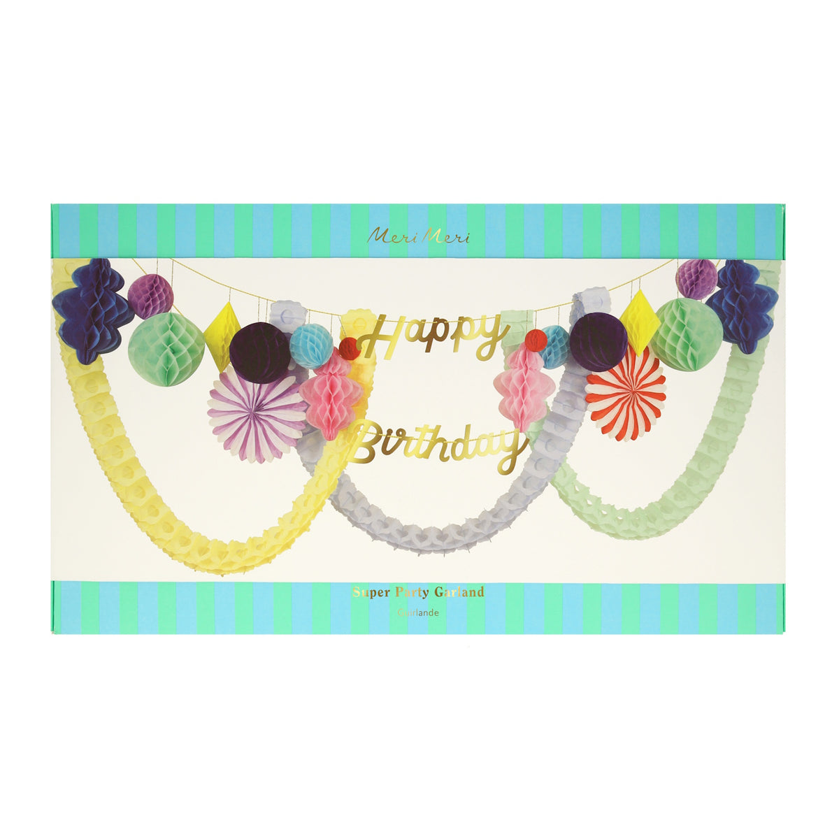 Packaging for Meri Meri Happy Birthday Super Party Garland with paper honeycomb and streamer decorations.
