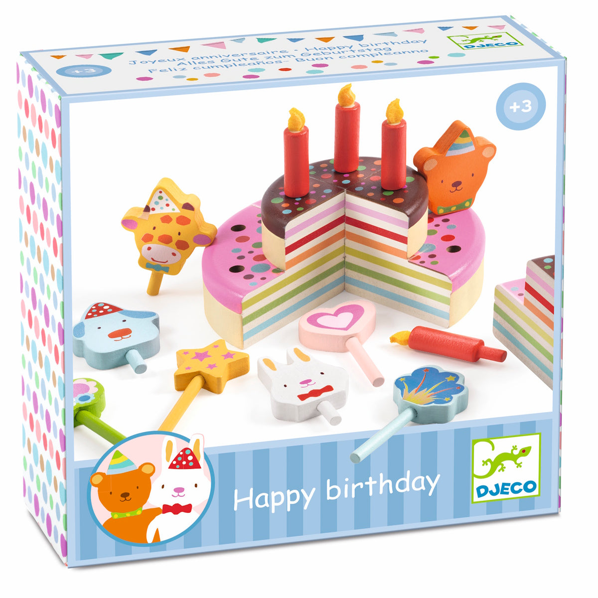 Djeco wooden birthday cake toy with colorful layers, candles, and animal decorations for kids aged 3 plus.