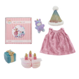 Olli Ella Dinkum Dolls Happy Birthday Set with pink dress, party hat, plush cake, and unicorn.