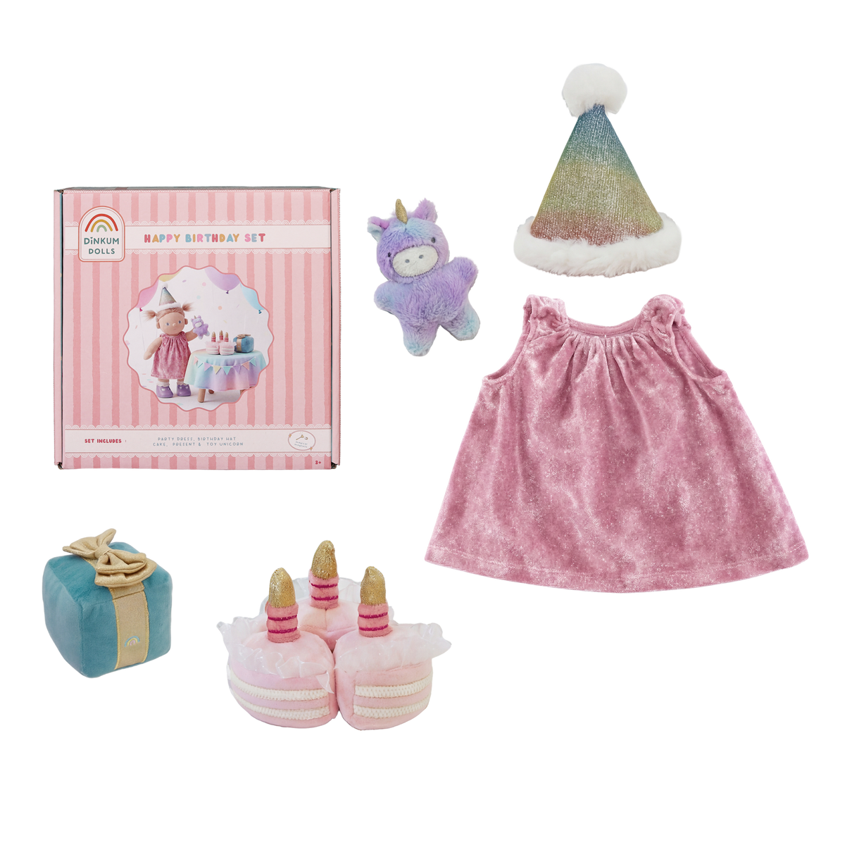Olli Ella Dinkum Dolls Happy Birthday Set with pink dress, party hat, plush cake, and unicorn.