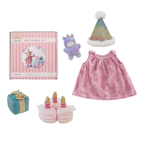 Olli Ella Dinkum Dolls Happy Birthday Set with pink dress, party hat, plush cake, and unicorn.