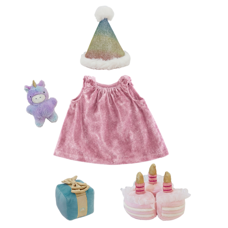 Olli Ella Dinkum Doll Happy Birthday Set with pink dress, party hat, plush cake shoes, and gift.