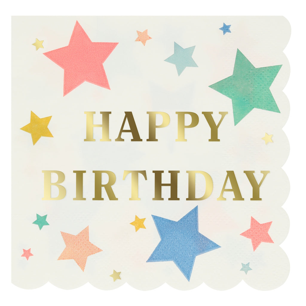 A set of festive napkins featuring colorful stars and 'Happy Birthday' text, perfect for party table settings.