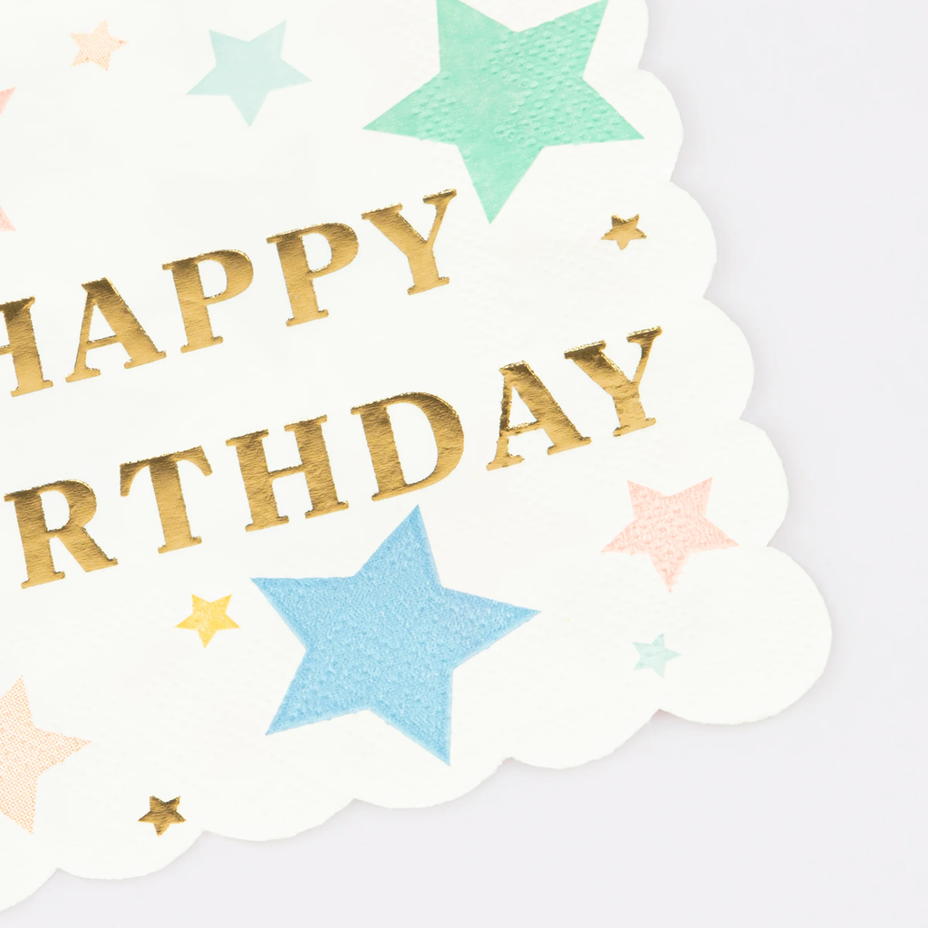 A set of festive napkins featuring colorful stars and 'Happy Birthday' text, perfect for party table settings.