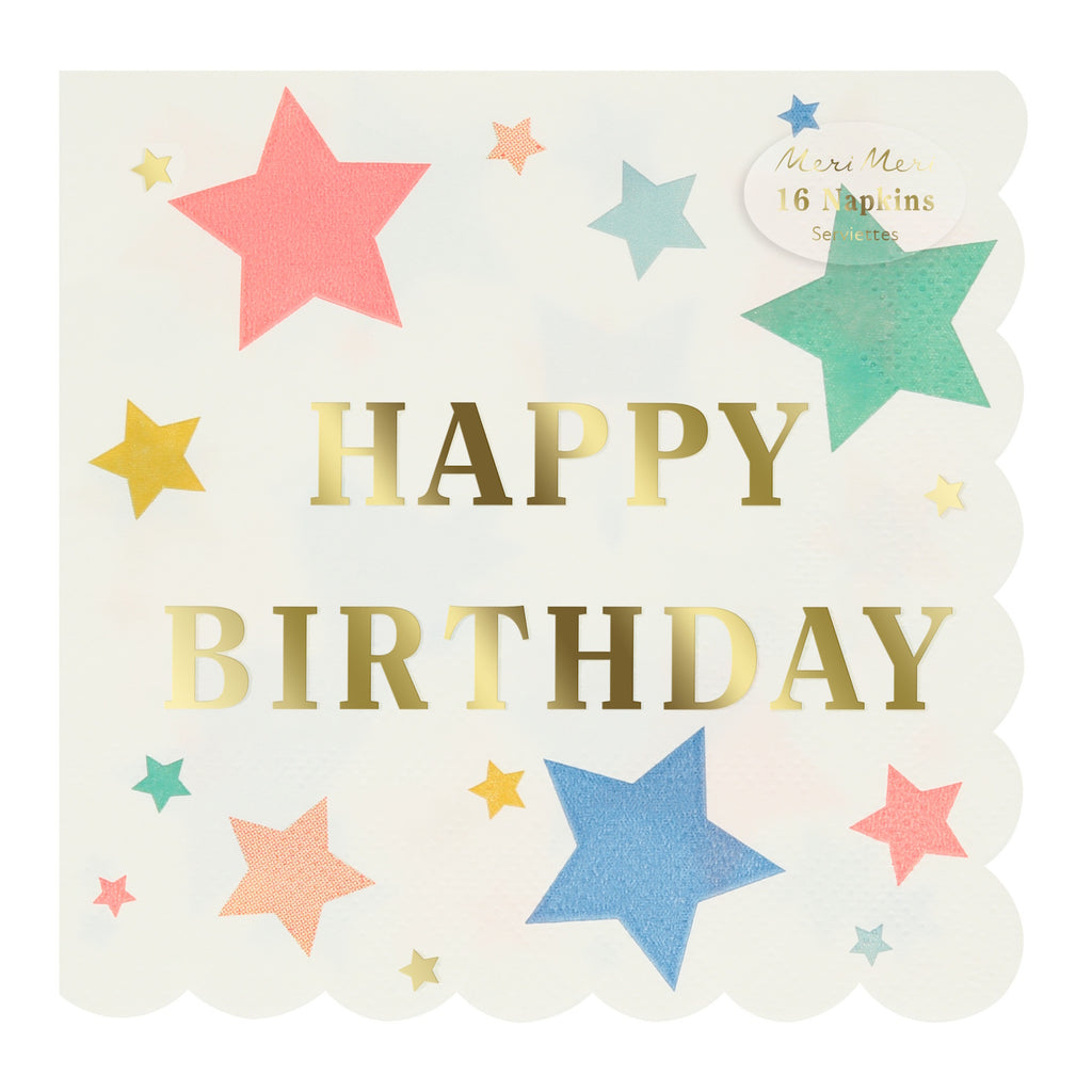A set of festive napkins featuring colorful stars and 'Happy Birthday' text, perfect for party table settings.