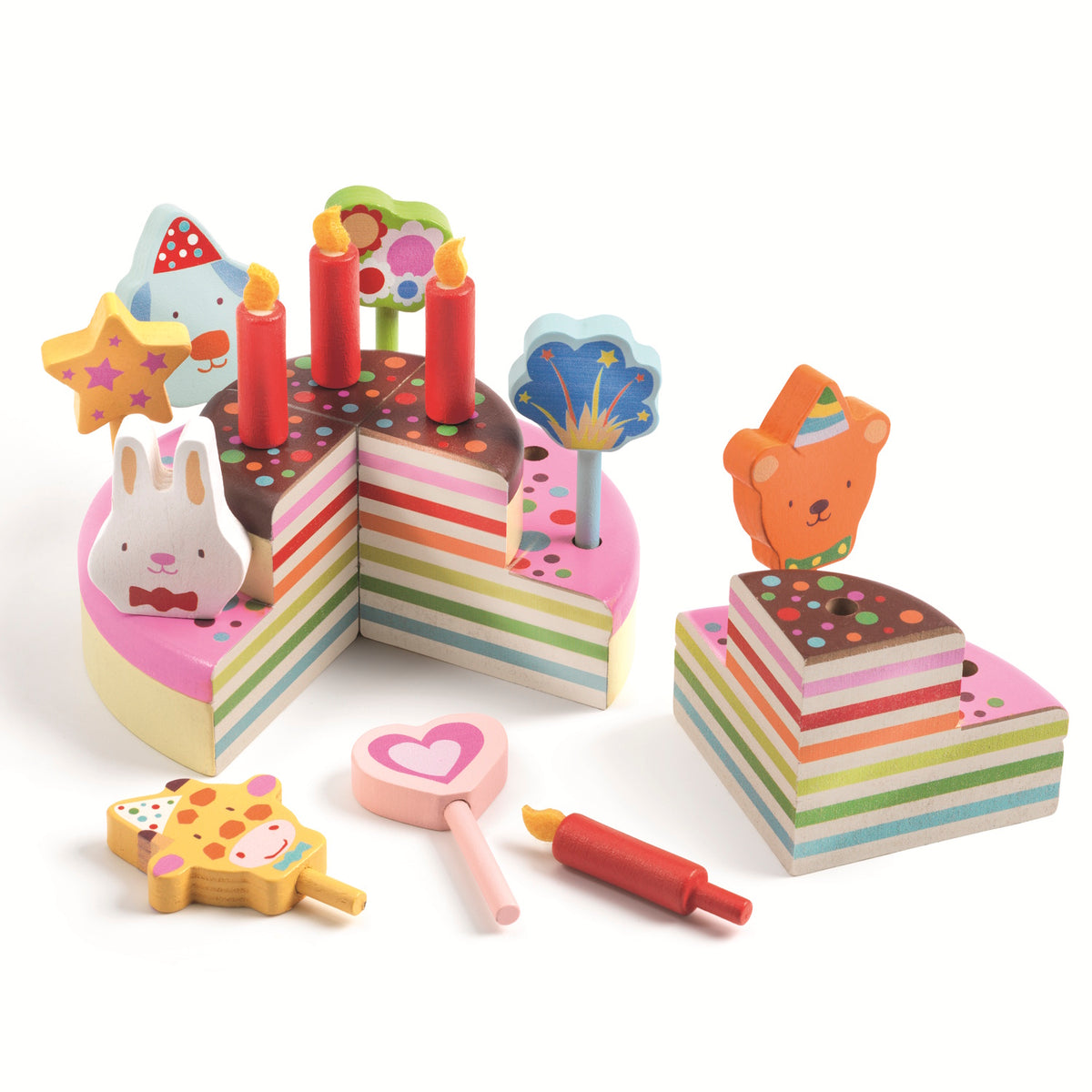 Colorful wooden rainbow birthday cake toy set with candles and animal toppers for pretend play.