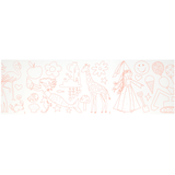 Unrolled coloring paper showing pink line art of a mermaid, giraffe, princess, and fun shapes.