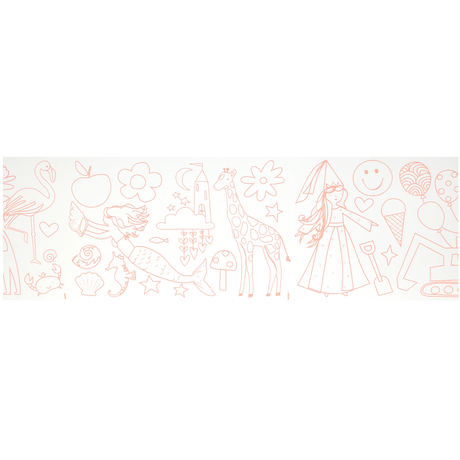 Unrolled coloring paper showing pink line art of a mermaid, giraffe, princess, and fun shapes.