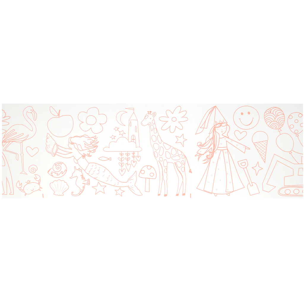 A whimsical children's drawing in light peach features a mermaid, giraffe, princess, and various playful icons like flowers, stars, and a smiley face.