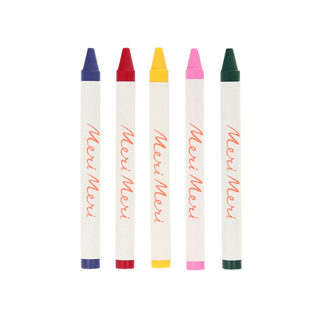 Five colored Meri Meri crayons lined up vertically side-by-side against a white background.