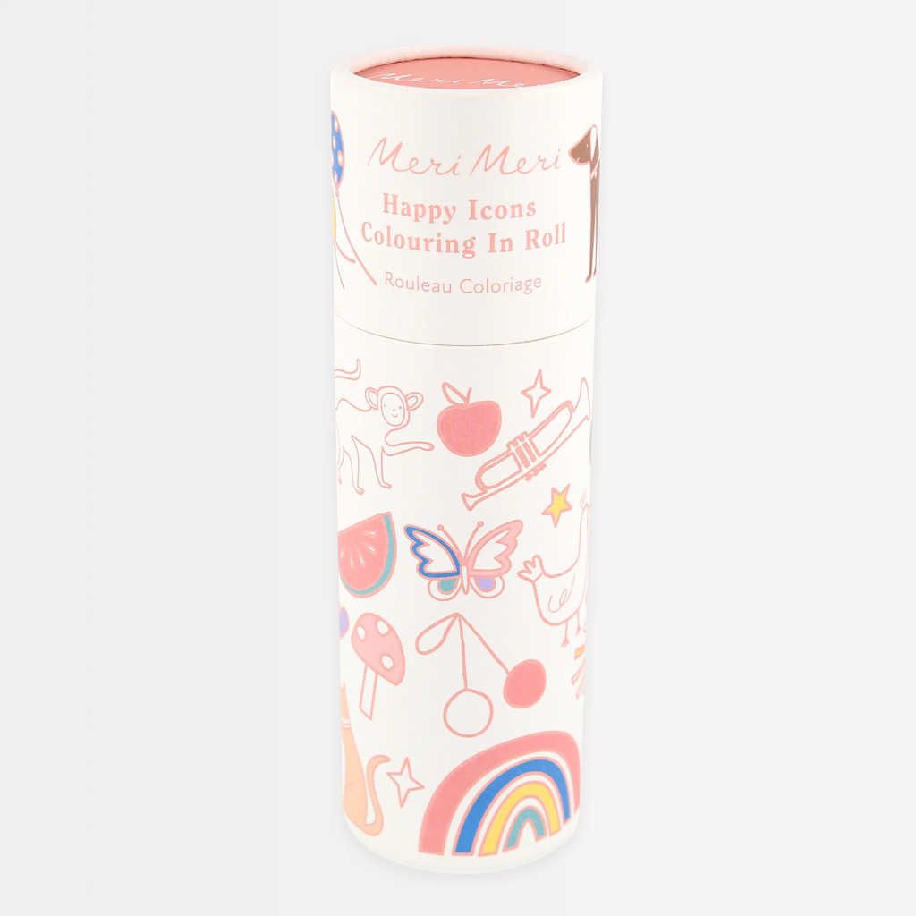 A cylindrical coloring roll by Meri Meri, decorated with cheerful icons like a butterfly, rainbow, and fruit. Text reads "Happy Icons Colouring In Roll."