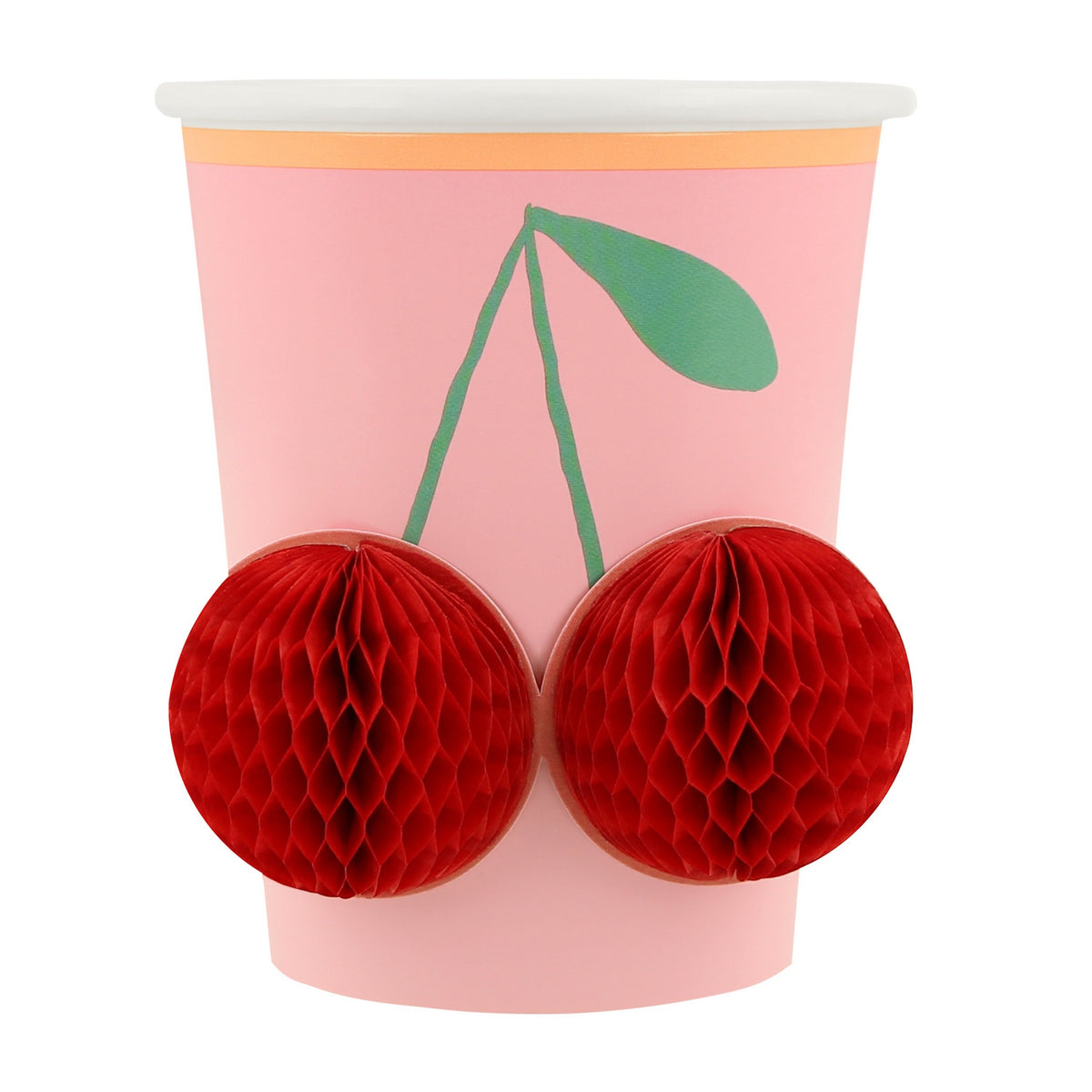 Pink Meri Meri party cup featuring a 3D red honeycomb cherry design.