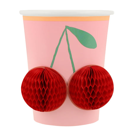 Pink Meri Meri party cup featuring a 3D red honeycomb cherry design.