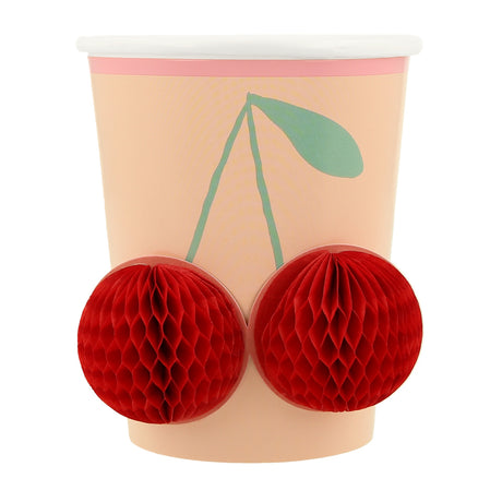 Peach Meri Meri party cup featuring a 3D red honeycomb cherry design.