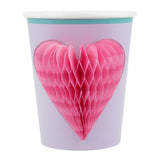 Purple Meri Meri party cup featuring a 3D pink honeycomb heart design.