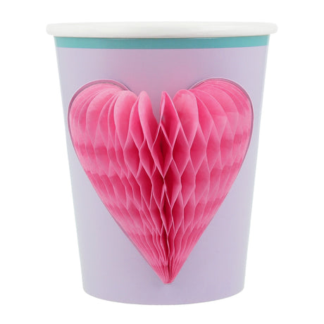 Purple Meri Meri party cup featuring a 3D pink honeycomb heart design.