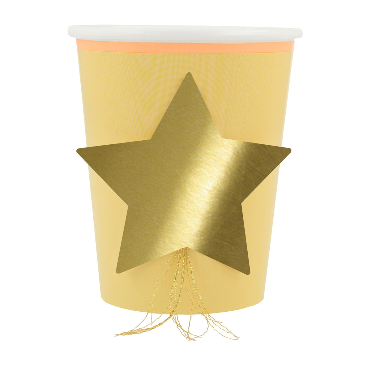 Yellow Meri Meri party cup featuring a gold foil star design with fringe detail.