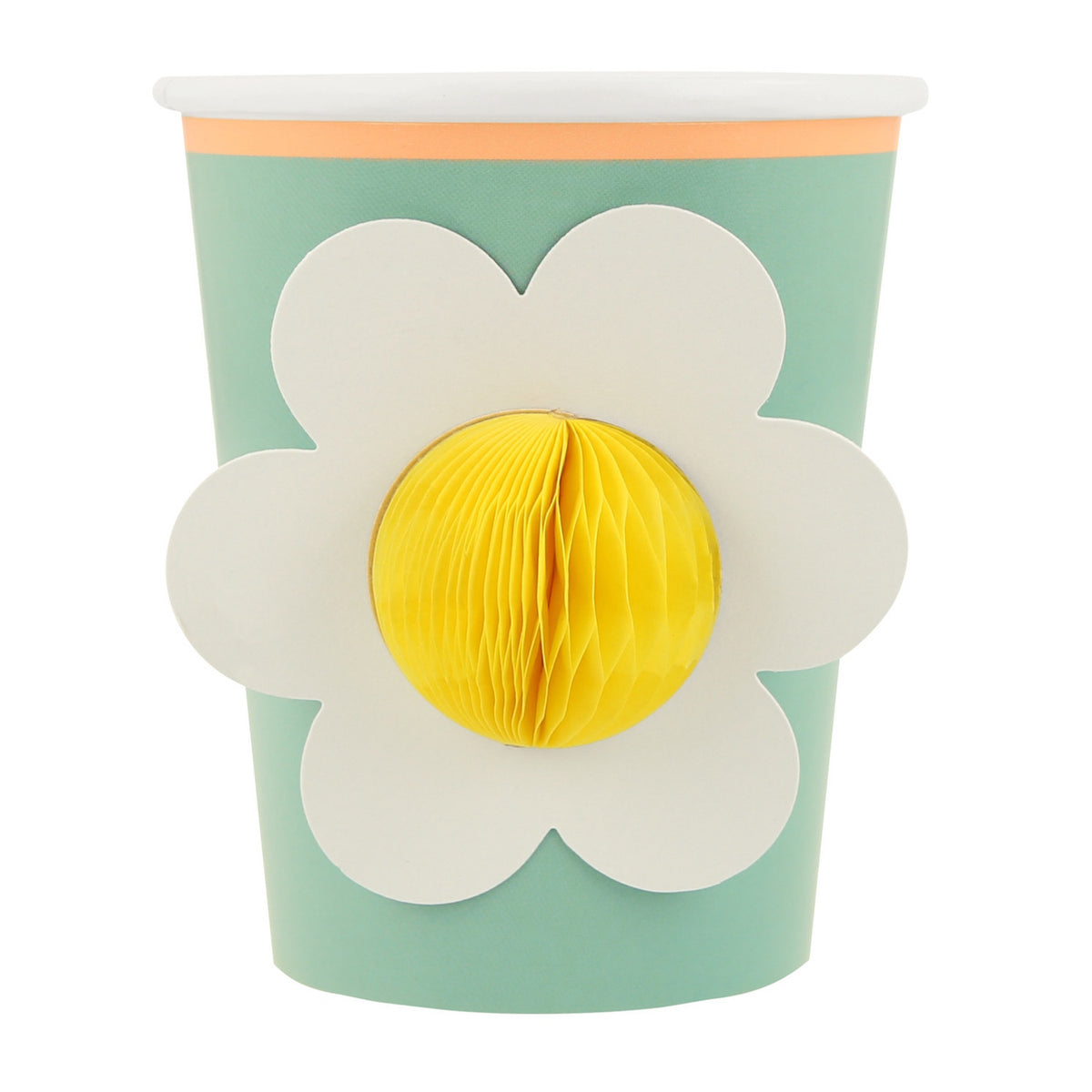 Green Meri Meri party cup featuring a white flower with a 3D yellow honeycomb center.