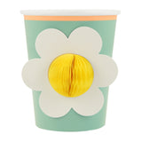 Green Meri Meri party cup featuring a white flower with a 3D yellow honeycomb center.