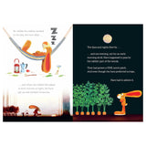 Illustrations from a children's book showing a hare sleeping in a hammock and admiring a carrot patch at night.