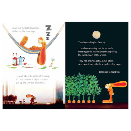 Illustrations from a children's book showing a hare sleeping in a hammock and admiring a carrot patch at night.