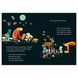 Whimsical children's book spread showing a grumpy orange hare refusing an invitation to a woodland animal soup party.