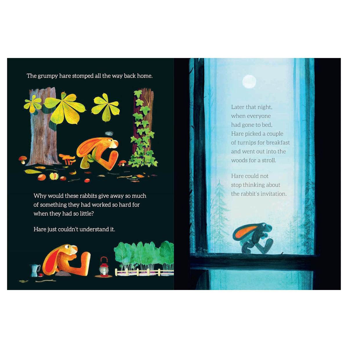 Illustration of a grumpy orange hare walking through a forest at night, with storybook text on a two-page spread.