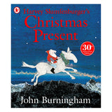 Book cover for Harvey Slumfenberger’s Christmas Present by John Burningham featuring Santa riding a horse over mountains.